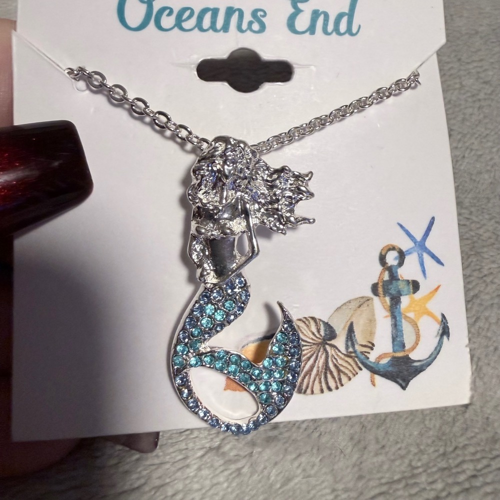Oceans End Rhinestone Mermaid Necklace Blue‎ Crystal Silver Tone NWT